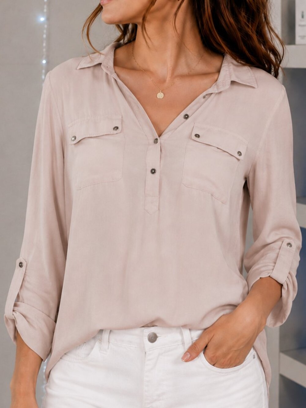 Bajee Collection Becool Beige Long Sleeve Blouse Large Roll Tab